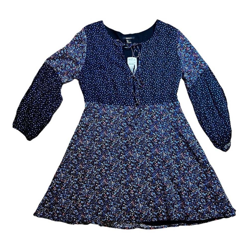 Forever 21 Women’s Blue Floral Boho Long Sleeve Deep-V Tie Front Dress Large NWT